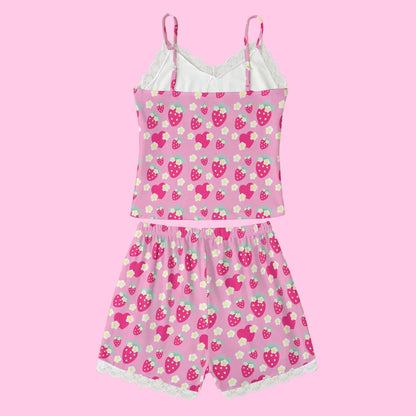 Strawberry Cutie Women's Cami & Shorts Lounge Wear Pajama Set With Lace Trim (Soda Pop Fruity Berry Pink)