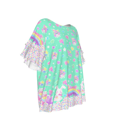 Rainbow Sweets Round Neck Raglan Sleeve Ruffle Frill T-Shirt (Mint)