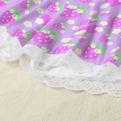 Strawberry Cutie Women's Cami & Shorts Lounge Wear Pajama Set With Lace Trim (Fruity Berry Purple)