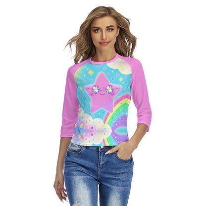 Rainbow Decora Star Women's Raglan 3/4 Sleeve T-shirt (Pink)