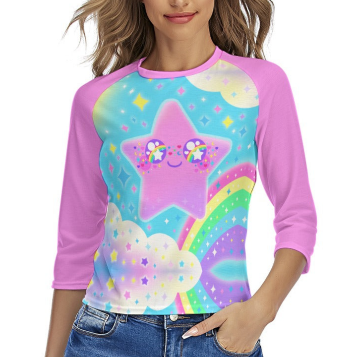 Rainbow Decora Star Women's Raglan 3/4 Sleeve T-shirt (Pink)