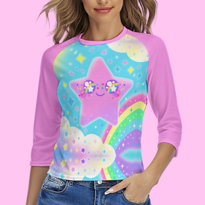 Rainbow Decora Star Women's Raglan 3/4 Sleeve T-shirt (Pink)