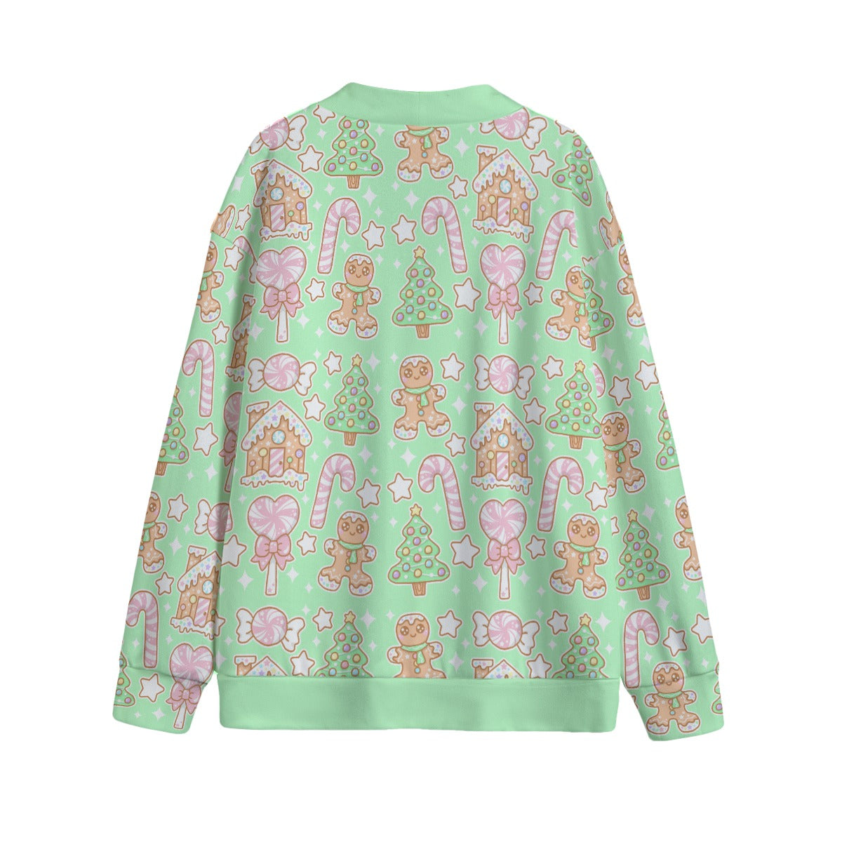 Kawaii Christmas Unisex V-Neck Knitted Fleece Button Up Cardigan With Pockets (Candy Mint Delight)