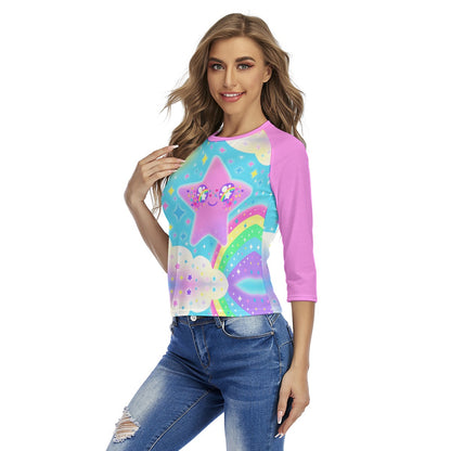 Rainbow Decora Star Women's Raglan 3/4 Sleeve T-shirt (Pink)