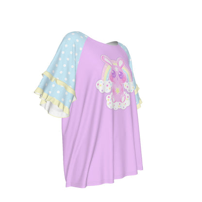 Wishing Bunny Purple Round Neck Raglan Sleeve Ruffle Frill T-Shirt