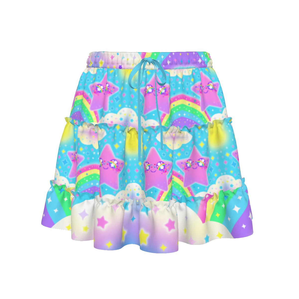 Rainbow Decora Star Waist Tie Tiered Ruffle Mini Skirt