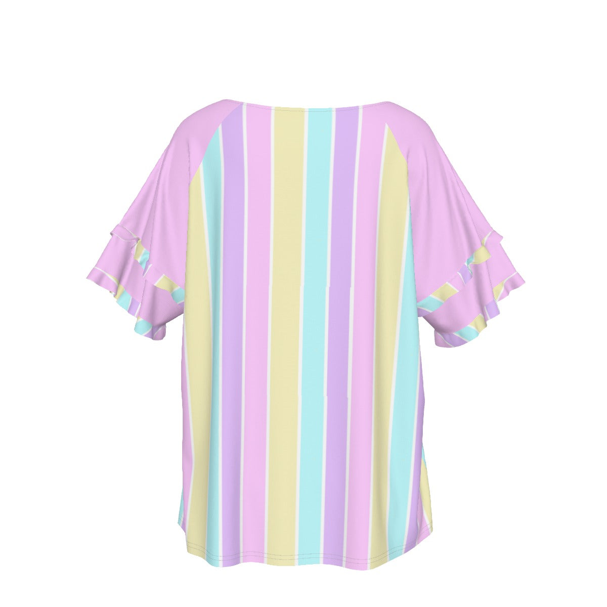 Pastel Stripes Pink Round Neck Raglan Sleeve Ruffle Frill T-Shirt