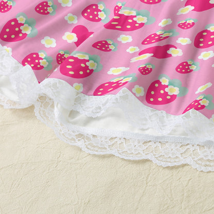 Strawberry Cutie Women's Cami & Shorts Lounge Wear Pajama Set With Lace Trim (Soda Pop Fruity Berry Pink)