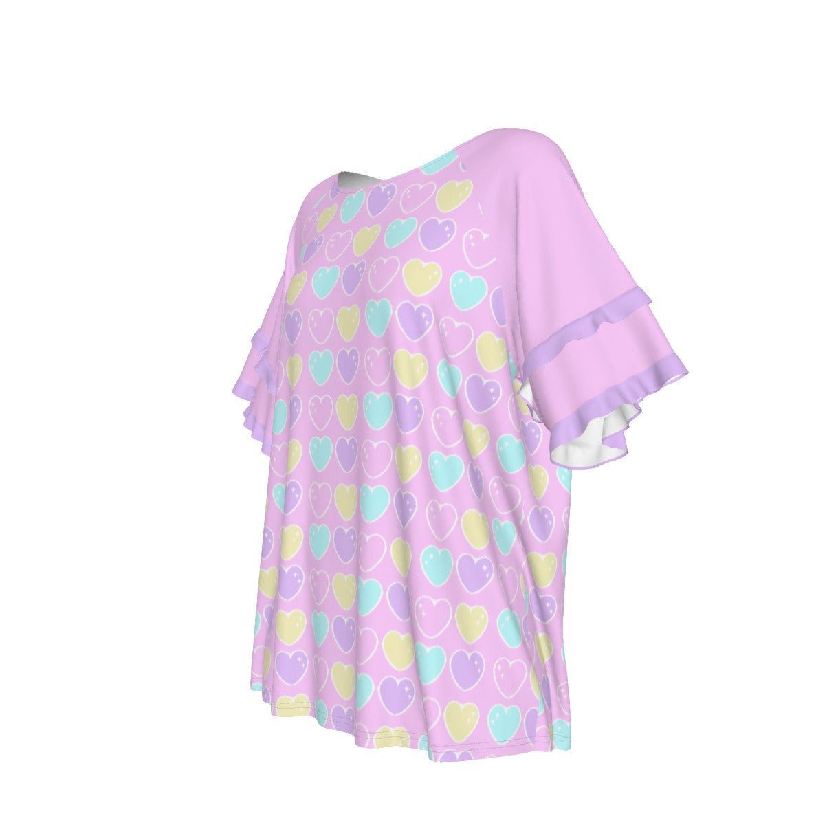 Sweet Love Hearts Pink Round Neck Raglan Sleeve Ruffle Frill T-Shirt