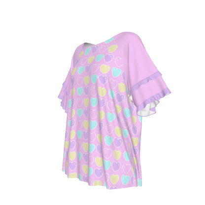 Sweet Love Hearts Pink Round Neck Raglan Sleeve Ruffle Frill T-Shirt