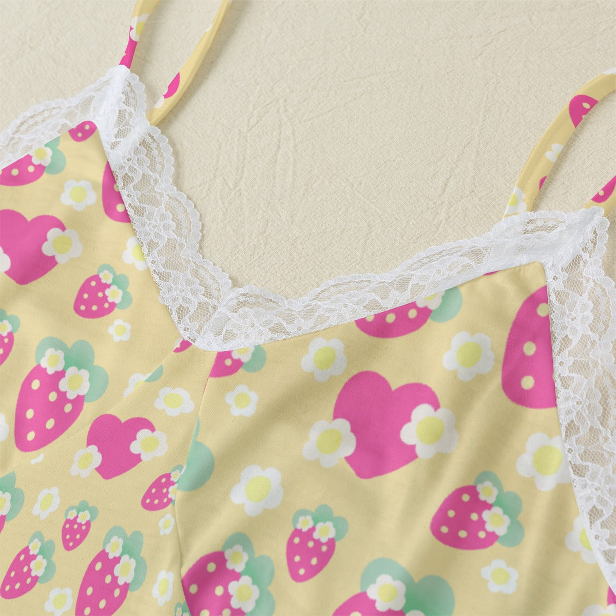 Strawberry Cutie Women's Cami & Shorts Lounge Wear Pajama Set With Lace Trim (Fruity Berry Yellow)