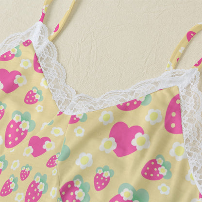 Strawberry Cutie Women's Cami & Shorts Lounge Wear Pajama Set With Lace Trim (Fruity Berry Yellow)