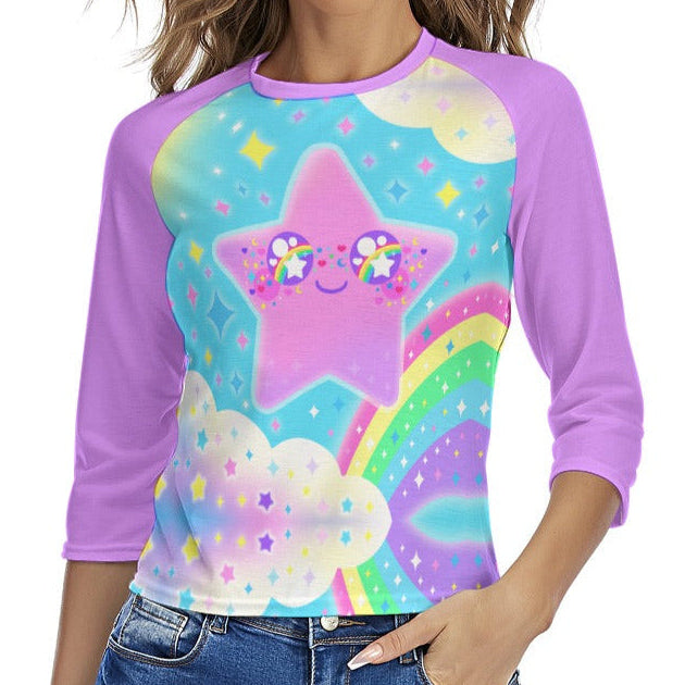 Rainbow Decora Star Women's Raglan 3/4 Sleeve T-shirt (Purple)