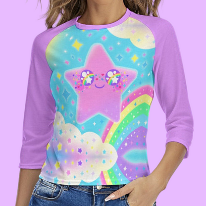 Rainbow Decora Star Women's Raglan 3/4 Sleeve T-shirt (Purple)