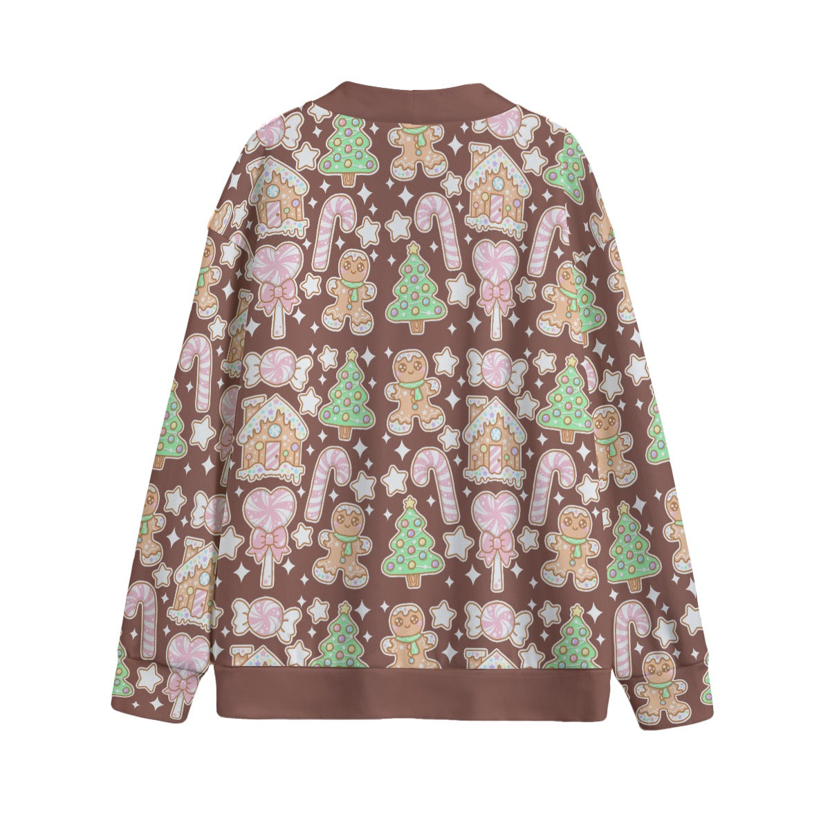 Kawaii Christmas Unisex V-Neck Knitted Fleece Button Up Cardigan With Pockets (Chocolate Cocoa)