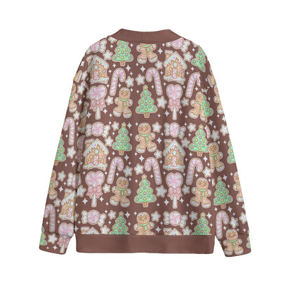 Kawaii Christmas Unisex V-Neck Knitted Fleece Button Up Cardigan With Pockets (Chocolate Cocoa)