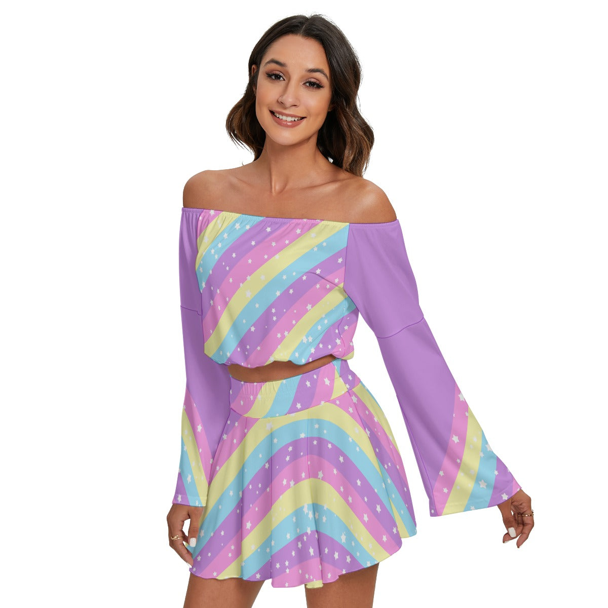 Starry Party Rainbow Women's Off The Shoulder Crop Top Blouse And Mini Skirt Set (Purple)