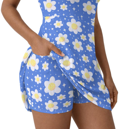 Daisy Dreams Sporty Women’s Square Neck Cap Sleeve Athletic Exercise Mini Dress With Shorts (Cobalt Blue)