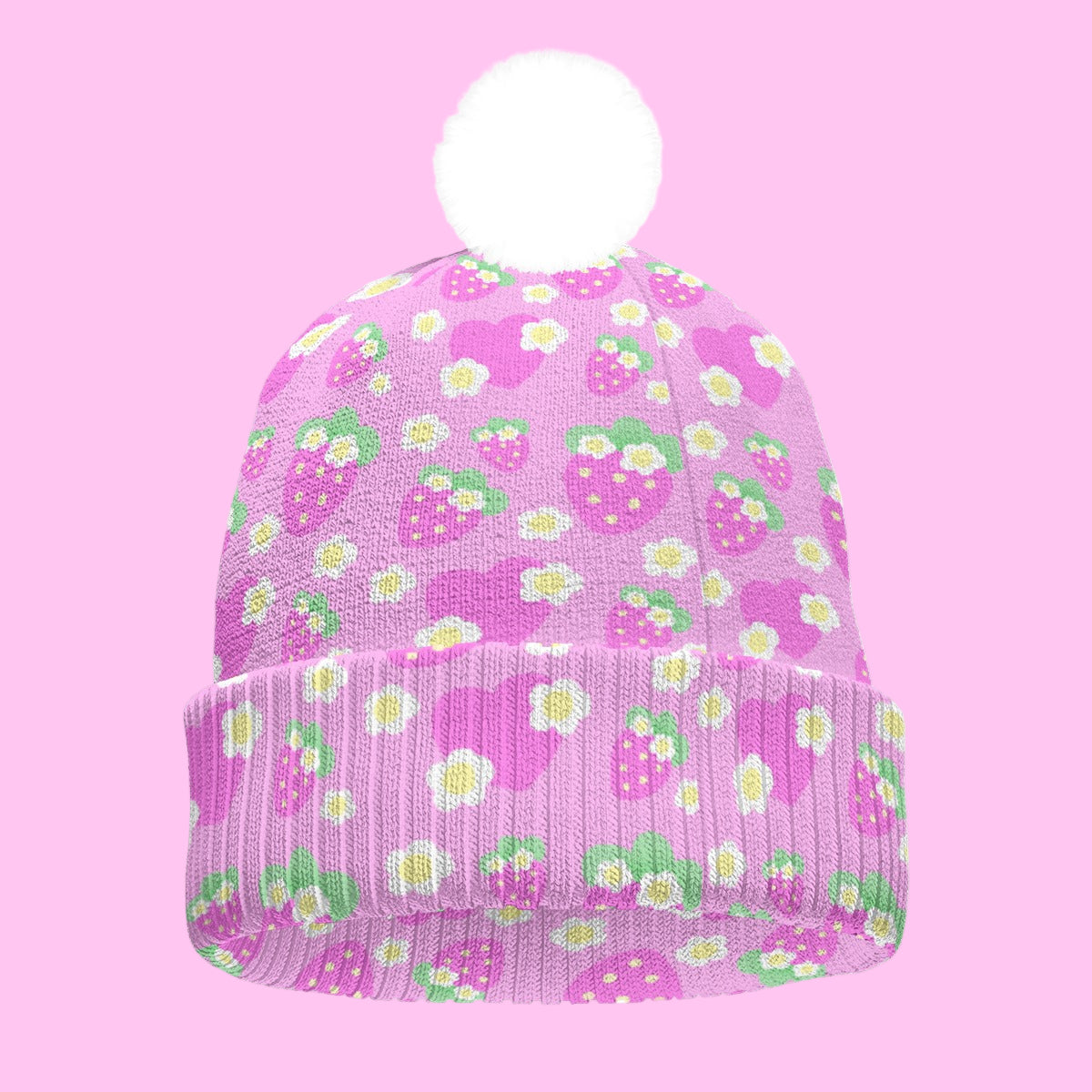 Strawberry Cutie Knitted Beanie Hat With Pom-Pom (Fruity Berry Pink)