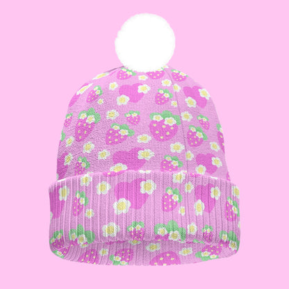 Strawberry Cutie Knitted Beanie Hat With Pom-Pom (Fruity Berry Pink)