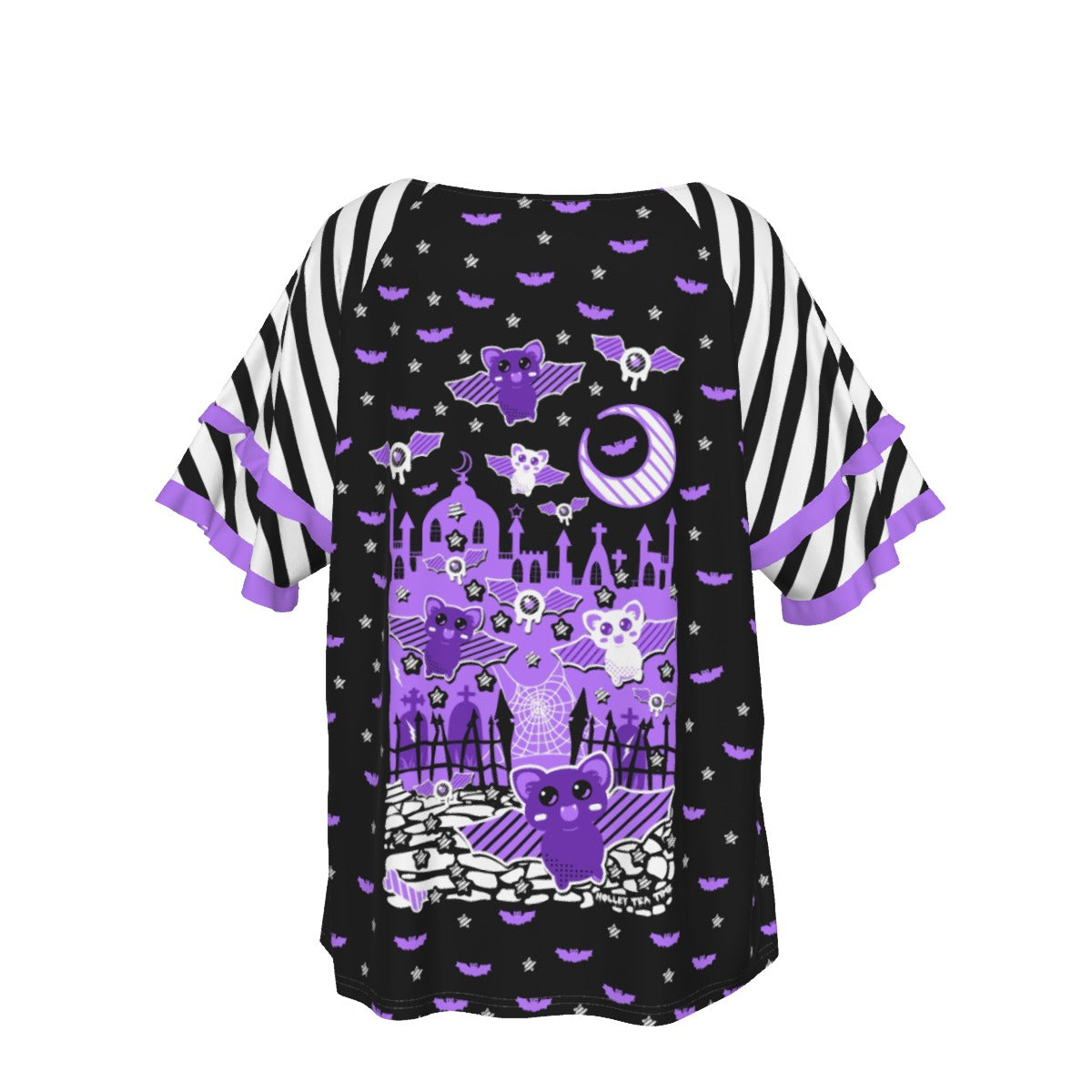 Spooky Bats Creepy Night Round Neck Raglan Sleeve Ruffle Frill T-Shirt