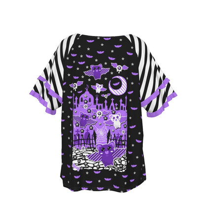 Spooky Bats Creepy Night Round Neck Raglan Sleeve Ruffle Frill T-Shirt