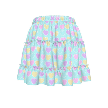 Sweet Love Hearts Blue Waist Tie Tiered Ruffle Mini Skirt