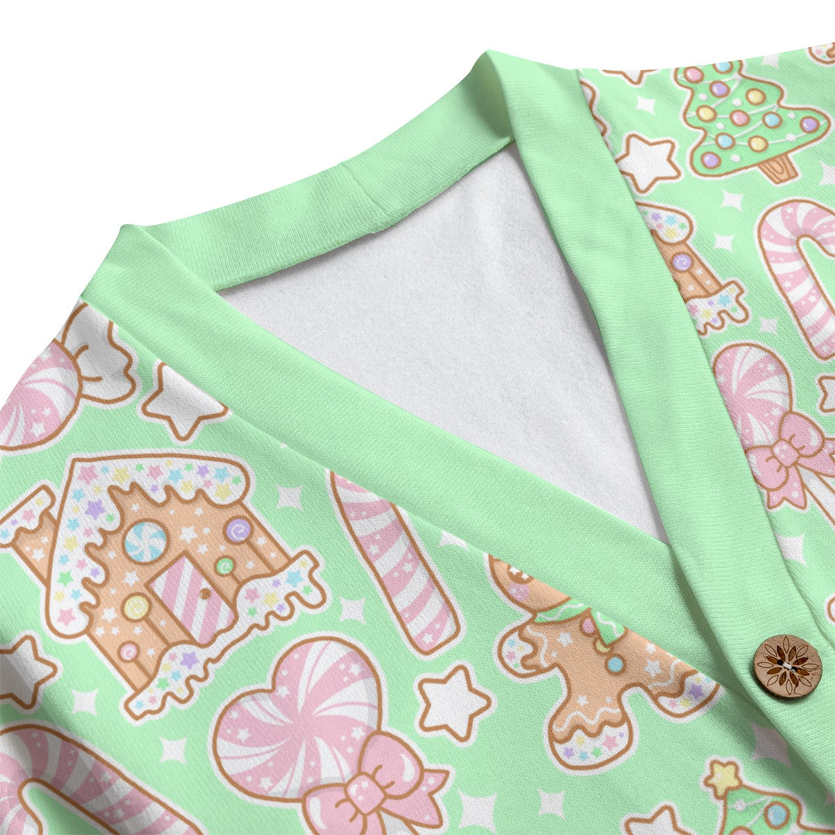 Kawaii Christmas Unisex V-Neck Knitted Fleece Button Up Cardigan With Pockets (Candy Mint Delight)
