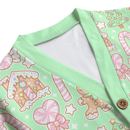 Kawaii Christmas Unisex V-Neck Knitted Fleece Button Up Cardigan With Pockets (Candy Mint Delight)