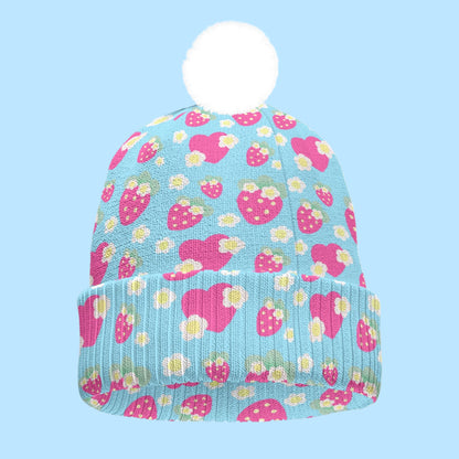 Strawberry Cutie Knitted Beanie Hat With Pom-Pom (Fruity Berry Blue)