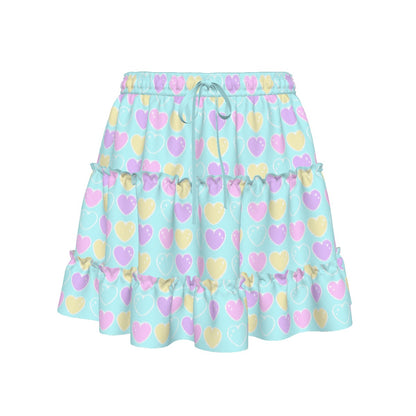 Sweet Love Hearts Blue Waist Tie Tiered Ruffle Mini Skirt