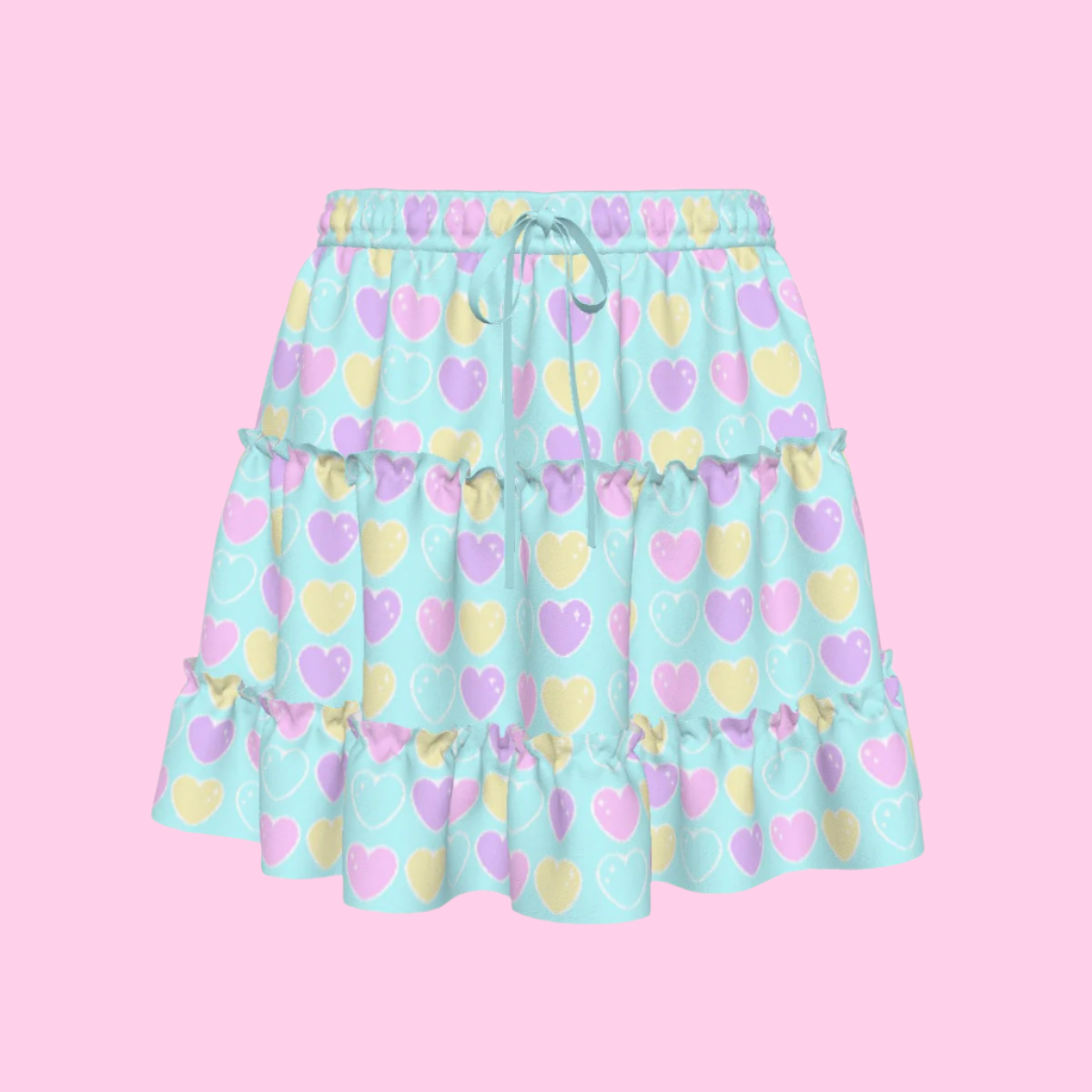 Sweet Love Hearts Blue Waist Tie Tiered Ruffle Mini Skirt