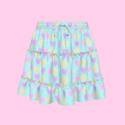 Sweet Love Hearts Blue Waist Tie Tiered Ruffle Mini Skirt
