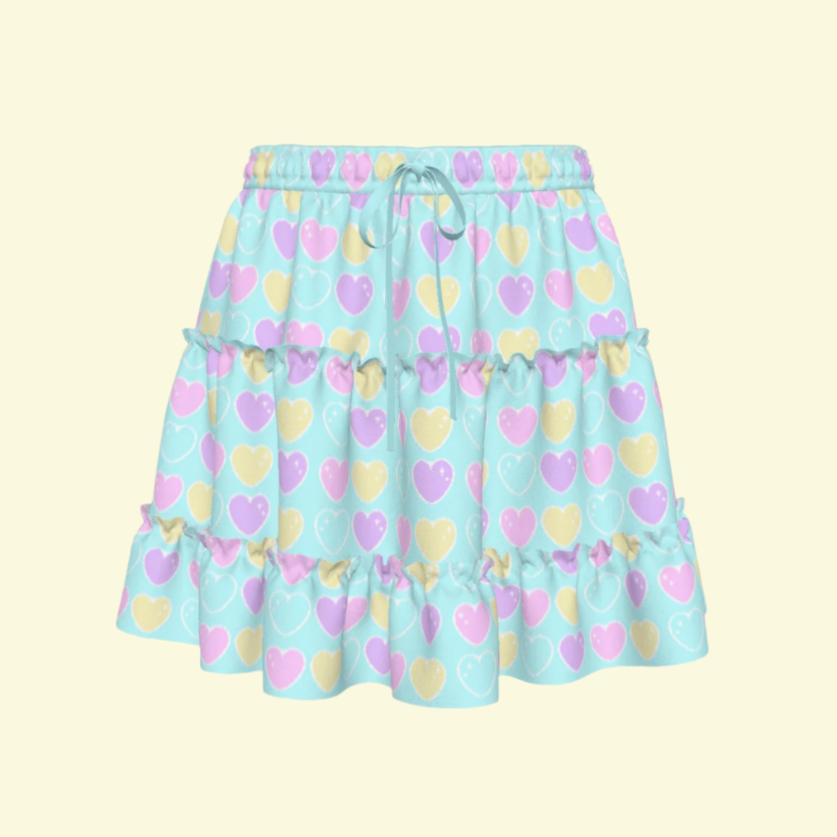 Sweet Love Hearts Blue Waist Tie Tiered Ruffle Mini Skirt