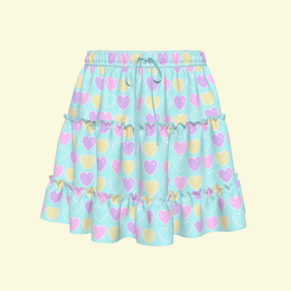 Sweet Love Hearts Blue Waist Tie Tiered Ruffle Mini Skirt