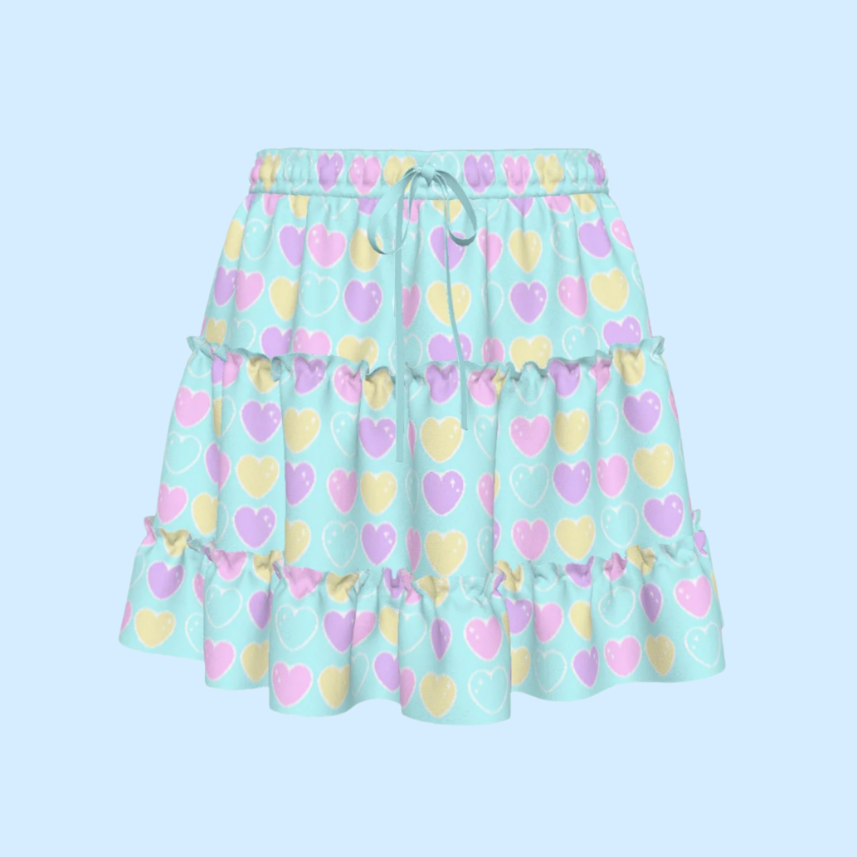 Sweet Love Hearts Blue Waist Tie Tiered Ruffle Mini Skirt