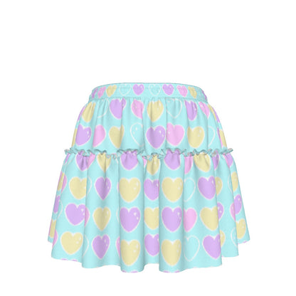 Sweet Love Hearts Blue Waist Tie Ruffle Mini Skirt