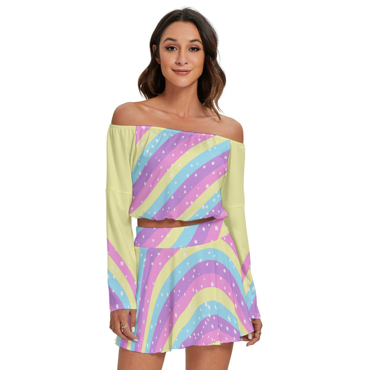 Starry Party Rainbow Women's Off The Shoulder Crop Top Blouse And Mini Skirt Set (Yellow)
