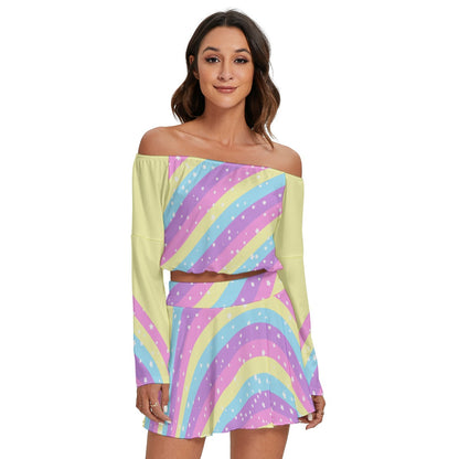 Starry Party Rainbow Women's Off The Shoulder Crop Top Blouse And Mini Skirt Set (Yellow)