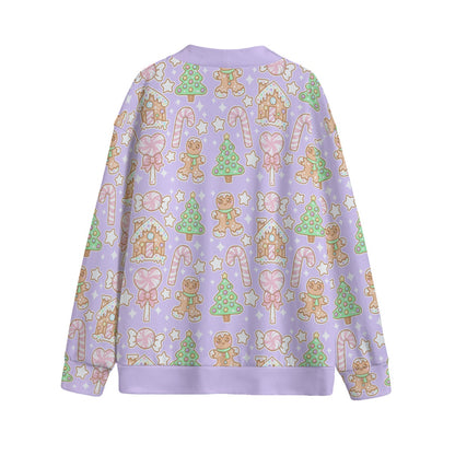 Kawaii Christmas Unisex V-Neck Knitted Fleece Button Up Cardigan With Pockets (Sugar Plum)