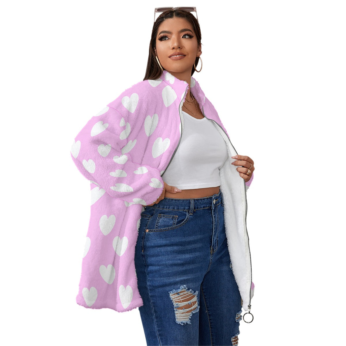 Sweet Love Hearts Oversized Fuzzy Fleece Coat With Zipper (White x Pink)