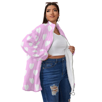 Sweet Love Hearts Oversized Fuzzy Fleece Coat With Zipper (White x Pink)