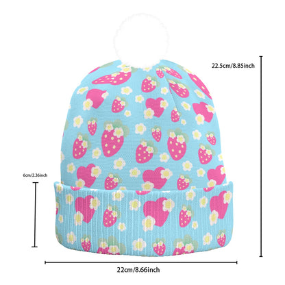 Strawberry Cutie Knitted Beanie Hat With Pom-Pom (Fruity Berry Blue)