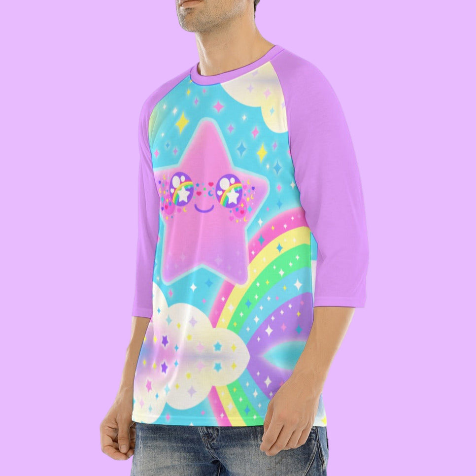 Rainbow Decora Star Unisex Raglan 3/4 Sleeve T-shirt (Purple)
