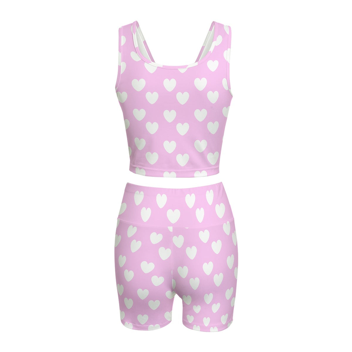 Sweet Love Hearts Women's Crop Top & Yoga Shorts Set (White x Pink)