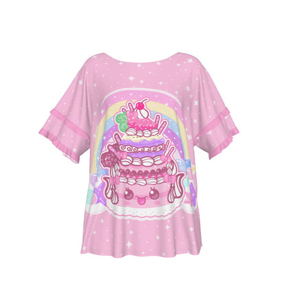 Kawaii Sparkle Cake Round Neck Raglan Sleeve Ruffle Frill T-Shirt