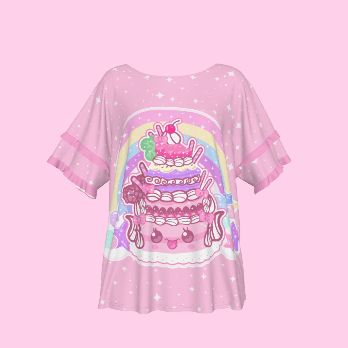 Kawaii Sparkle Cake Round Neck Raglan Sleeve Ruffle Frill T-Shirt