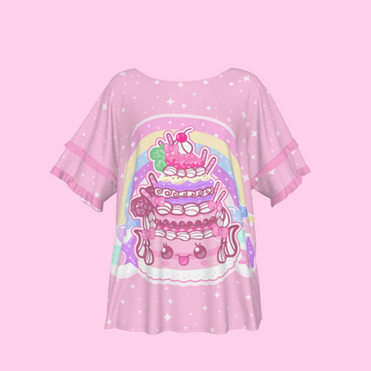 Kawaii Sparkle Cake Round Neck Raglan Sleeve Ruffle Frill T-Shirt