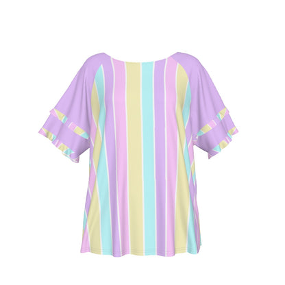Pastel Stripes Purple Round Neck Raglan Sleeve Ruffle Frill T-Shirt