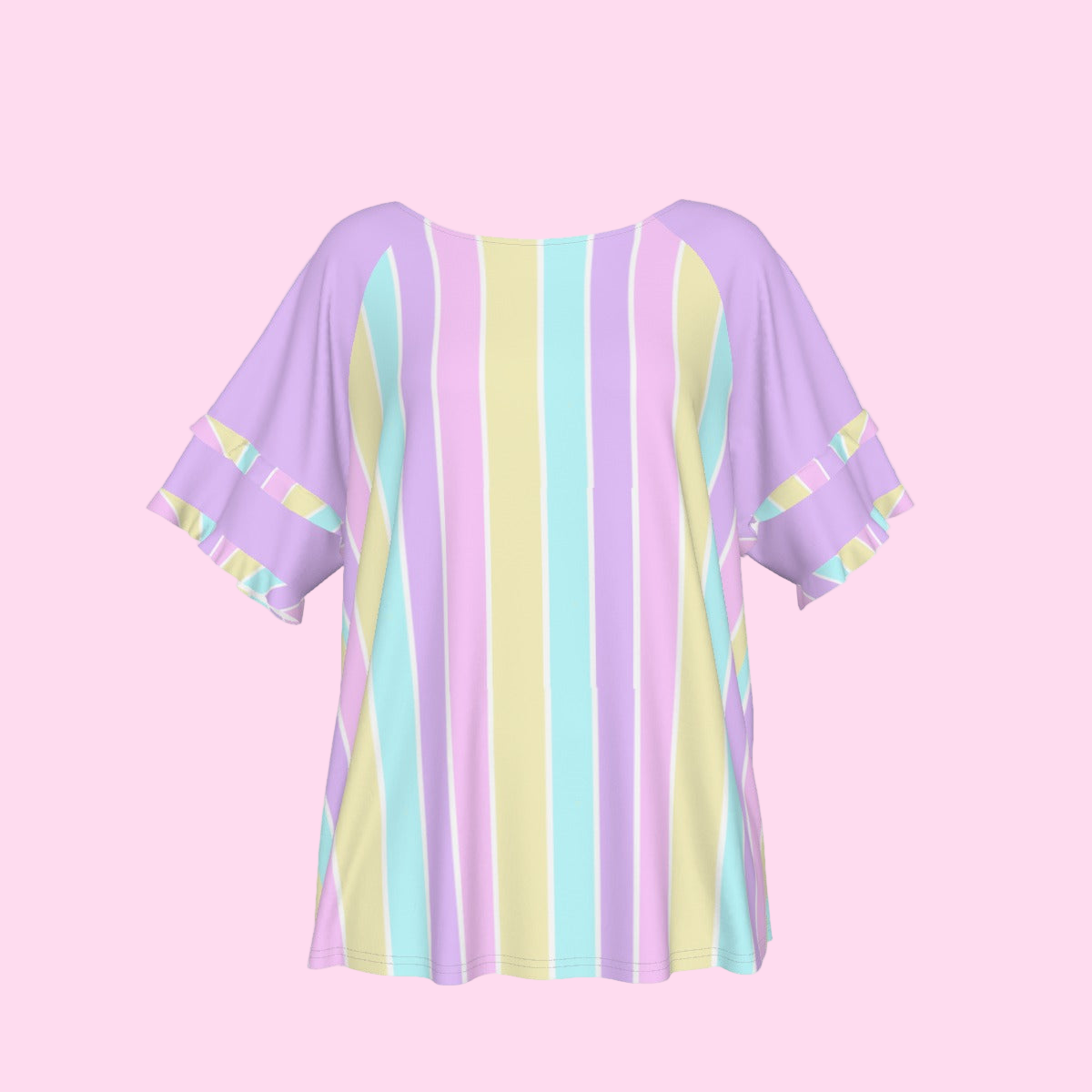 Pastel Stripes Purple Round Neck Raglan Sleeve Ruffle Frill T-Shirt